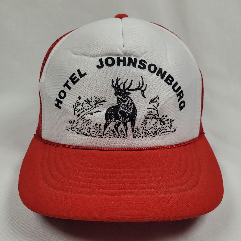 Vtg 80s Hotel Johnsonburg PA Elk County Trucker Hat Red Mesh Capital Cap Hunting